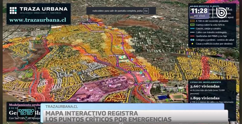 El modelamiento del aluvión de Las Condes de Traza Urbana, en 3D, en la transmisión de BioBioTV.