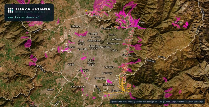 Las quebradas del PRMS y las zonas de riesgo de los planes reguladores sobre el Gran Santiago, mapa de Traza Urbana.