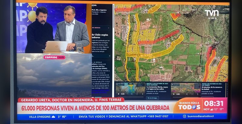 La nota de la Universidad Finis Terrae, con el mapa de quebradas de Traza Urbana en la pantalla de Buenos Días a Todos (TVN).