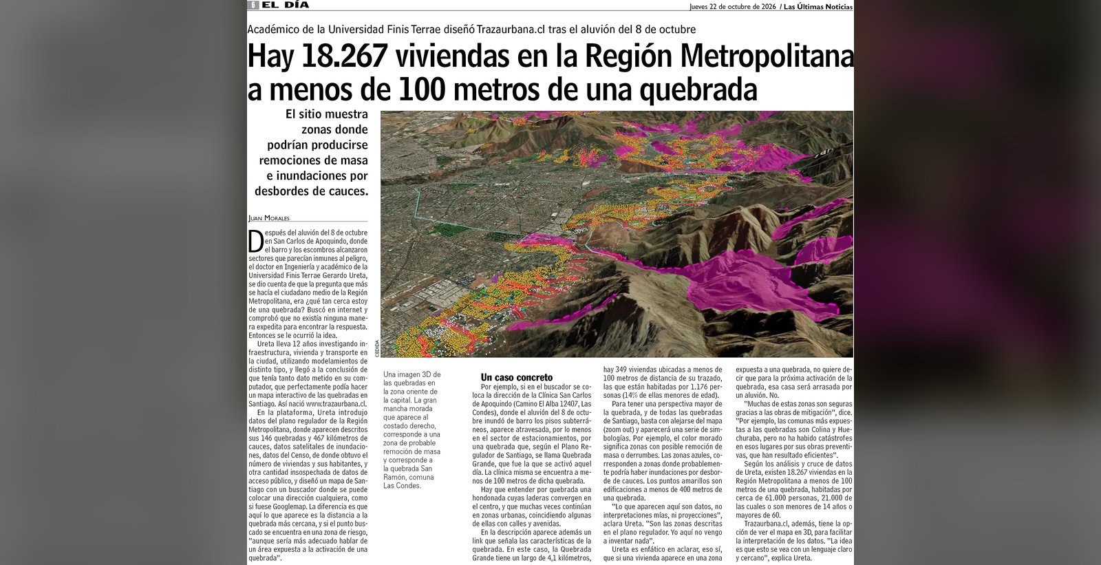 La página 6 de Las Últimas Noticias del 22 de octubre de 2026, con el reportaje sobre el mapa de quebradas de Traza Urbana.