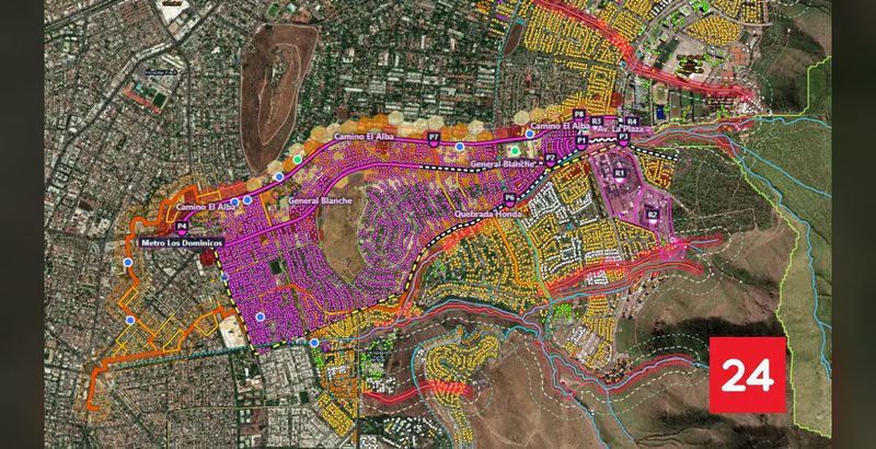El mapa de Traza Urbana sobre la zona del aluvión de Las Condes, imagen de la nota de 24horas.cl.