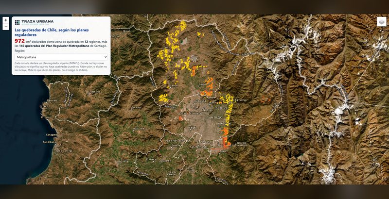 El mapa de Traza Urbana con las quebradas de la Región Metropolitana, el que se mostró esa noche.